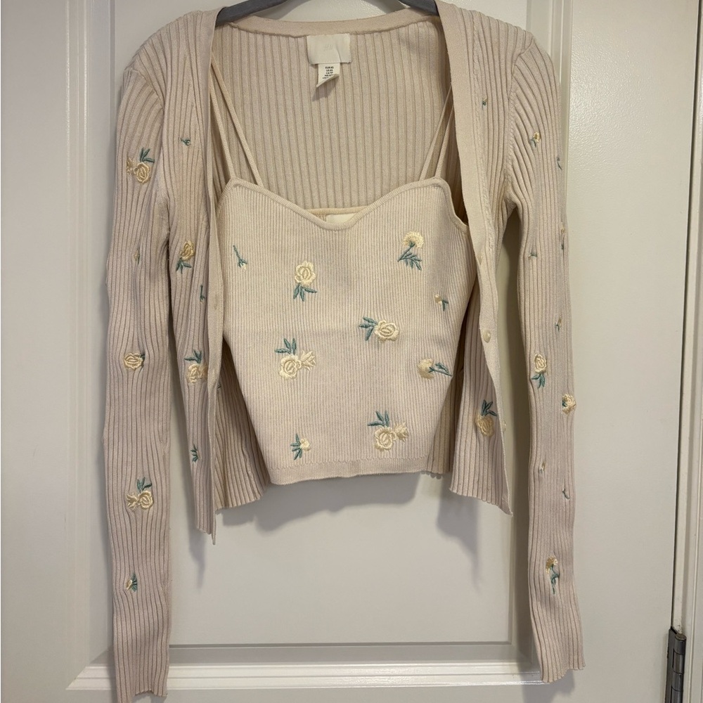 H&M Cream Floral Embroidered Ribbed Cardigan & Cami Set (XS)
